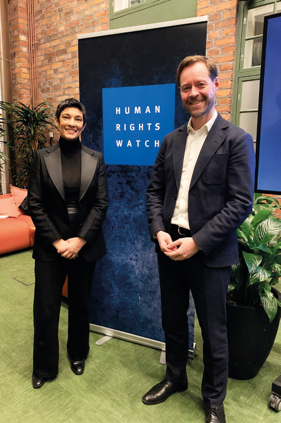 TIRANA HASSAN, verkställande direktör för Human Rights Watch, och svenska chefen Måns Molander, Stockholm 2023.