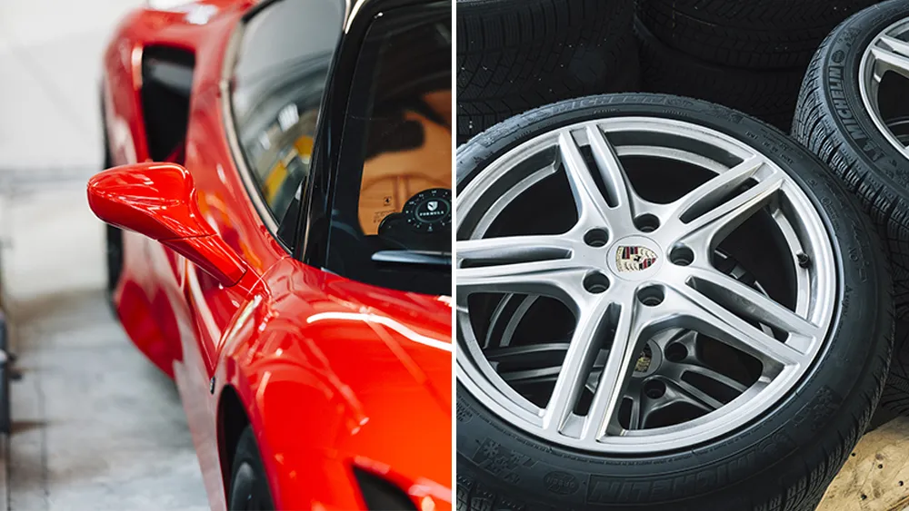 
Från vänster till höger: En Ferrari till salu i Formula showroom; däck på Porsche-verkstaden; allt hos My Garage.
Foto: Tom Parker